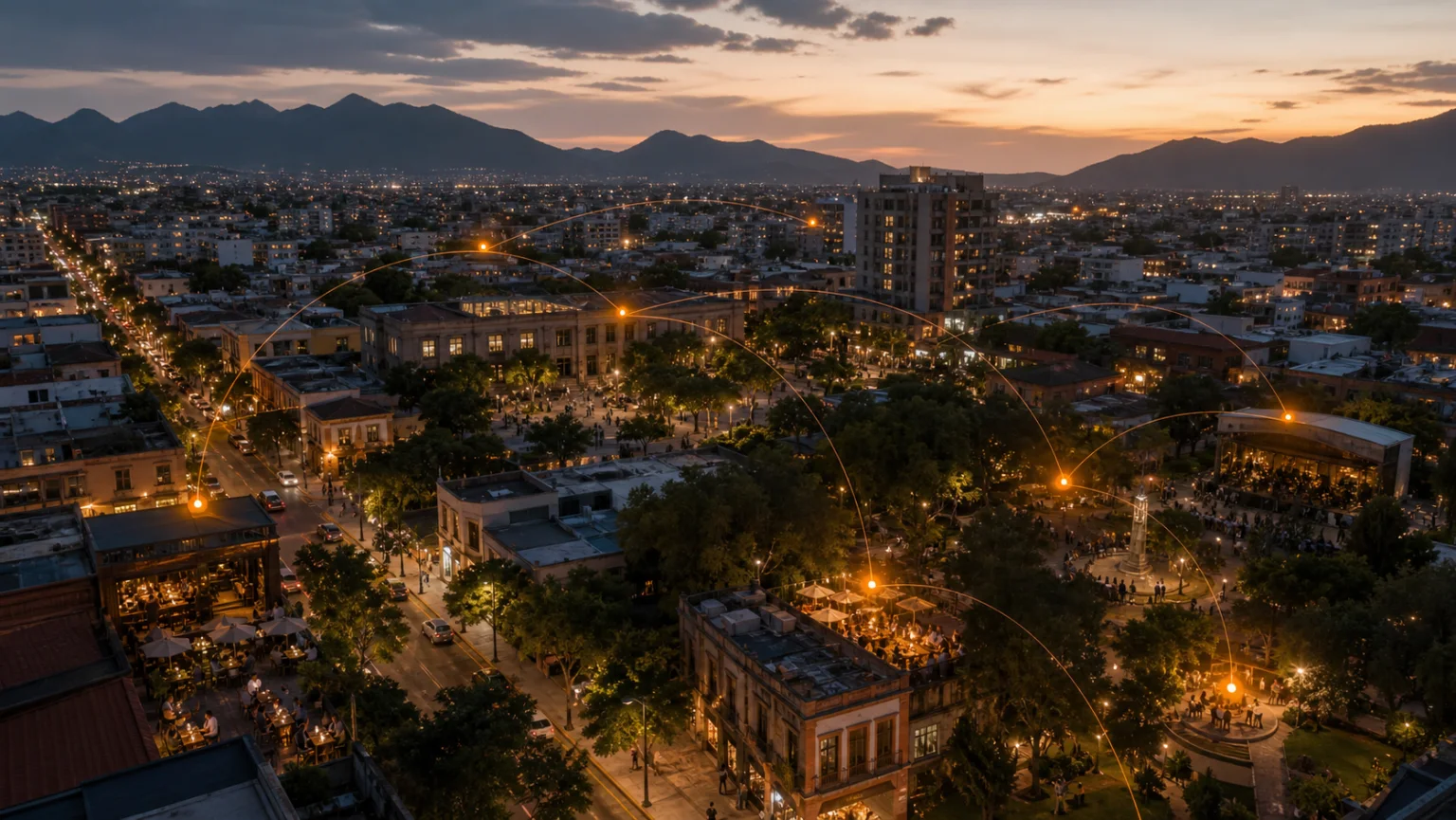 Ciudad al atardecer conectada por una red sutil de ZiPoints anclados a lugares reales