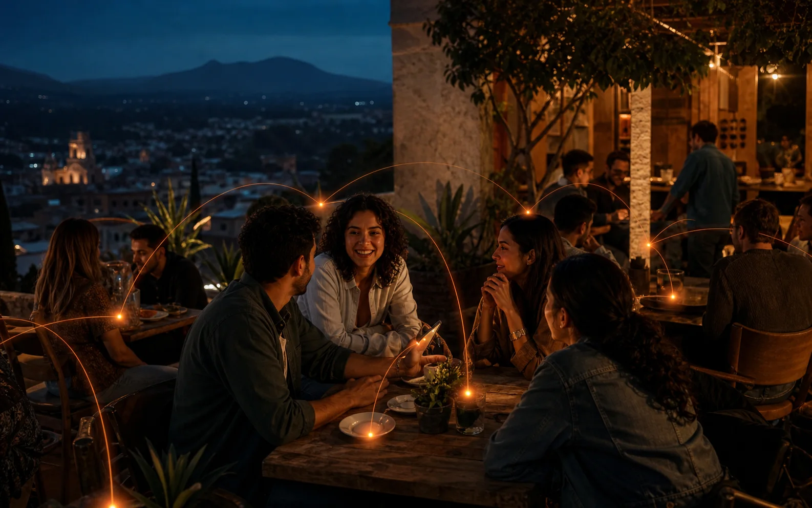 Personas conversando en una terraza mientras una capa sutil de ZiPoints conecta el lugar
