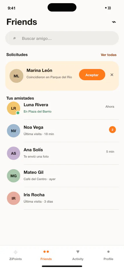 Composición de producto basada en Friends para iOS, con solicitudes y amistades sintéticas
